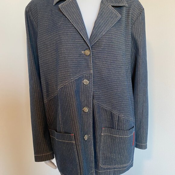 Women's Pin Stripe Long Denim Jacket - Picture 3 of 10